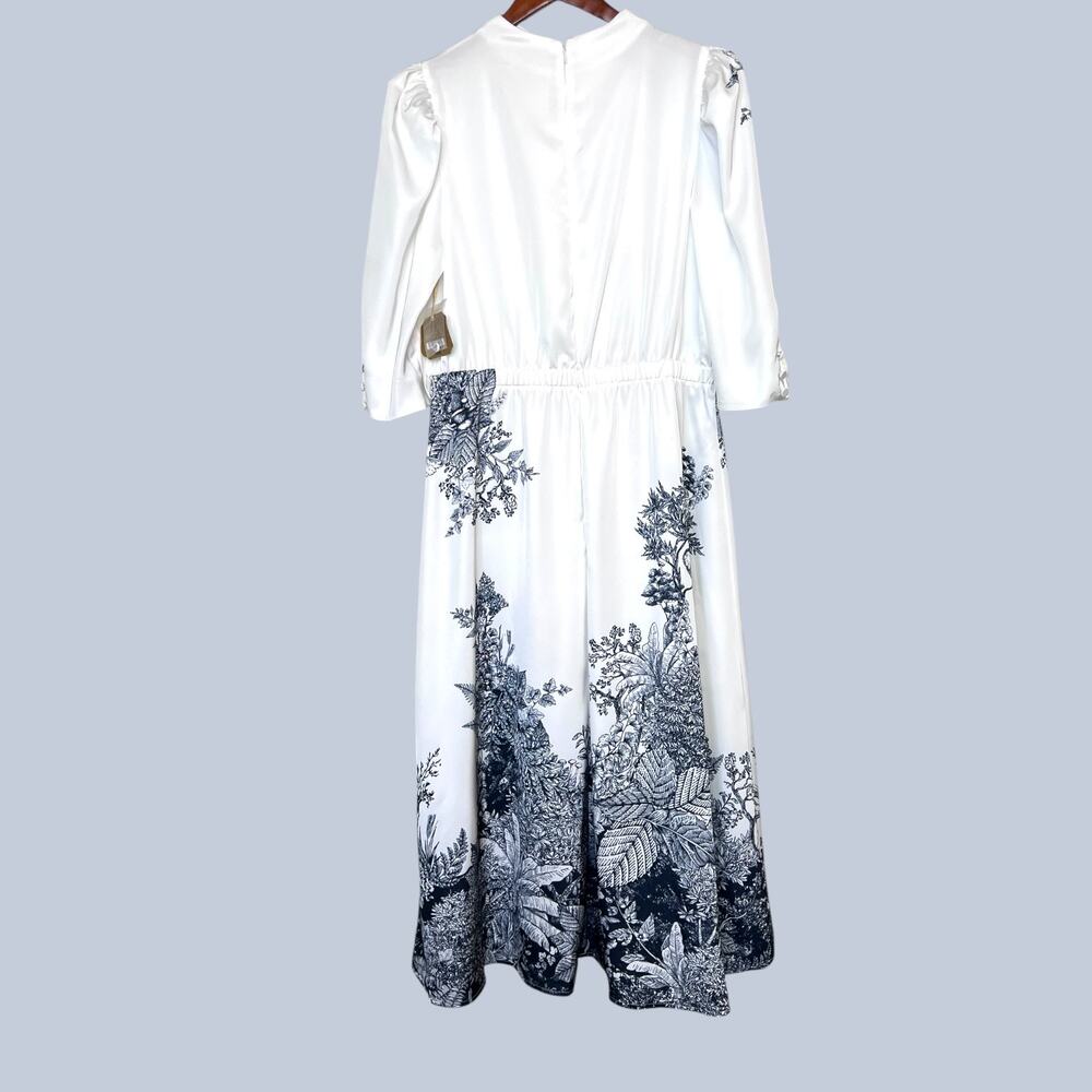 NWT Floral Print Midi Dress in White with Black Botanical Print Women's Large - Picture 3 of 16